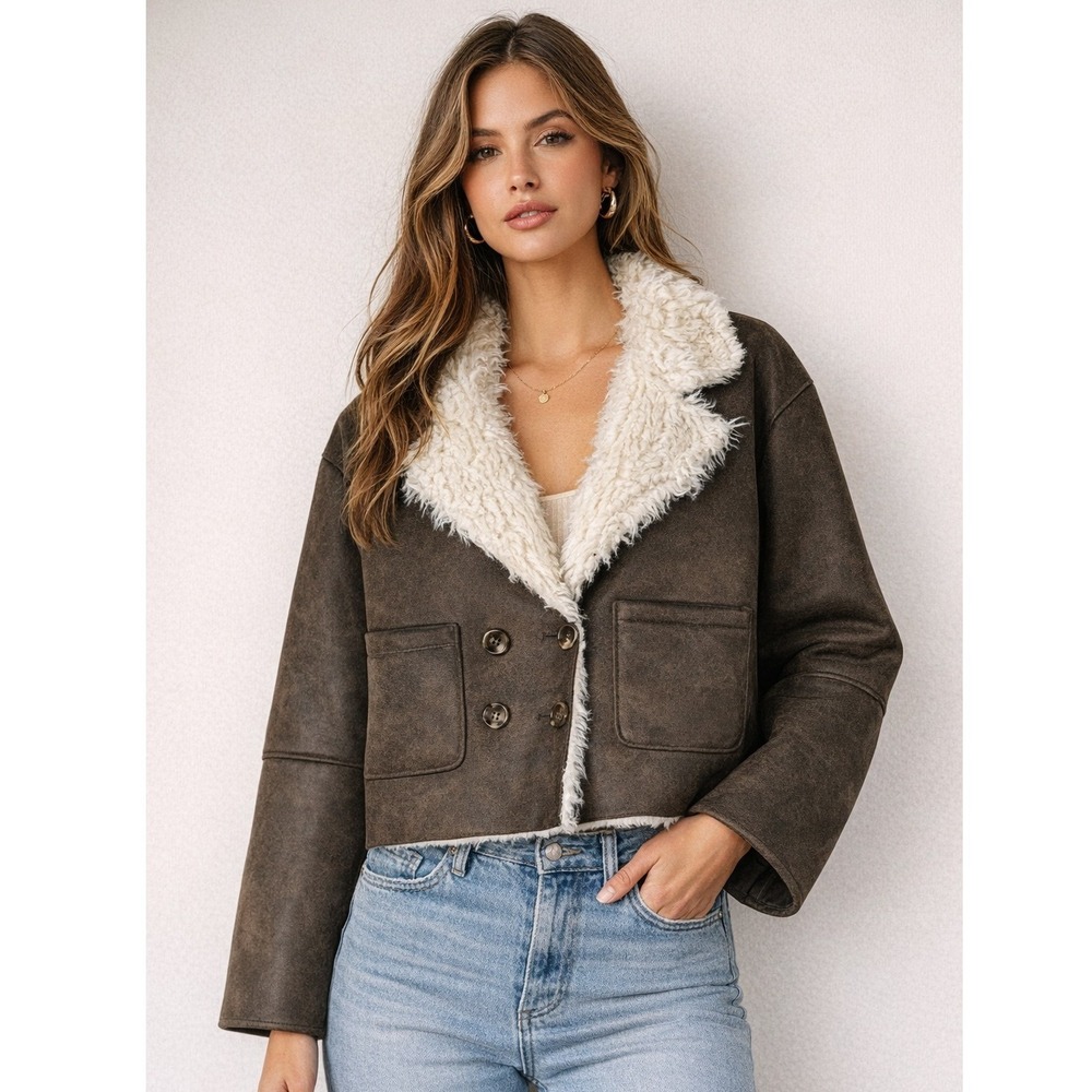 Raga Faux Shearling Jacket Womens M Brown White Boho Shaggy Retro Hippie 70s